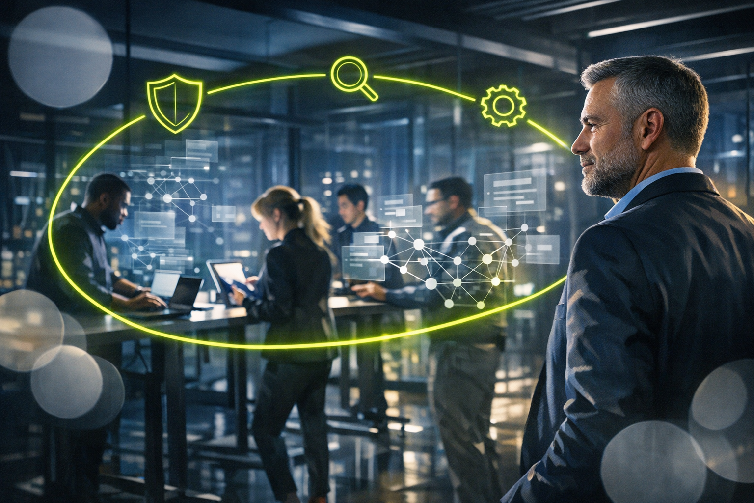 Photorealistic, high-contrast corporate evening office. An inclusive IT/security team collaborates at standing desks; the CISO in sharp focus mid-fore